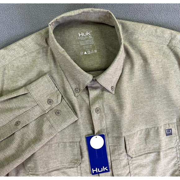 Huk Shirt Mens XL Green Beige A1A Woven Performance Fishing Vented UPF30 New - Picture 1 of 10